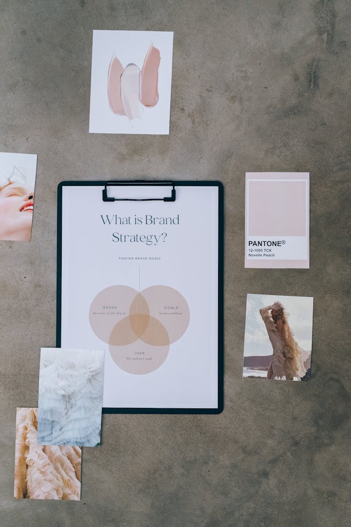 services-03 Flat lay of a brand strategy board surrounded by mood and color swatches on concrete.